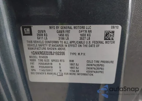 2011 Chevrolet Traverse 1Lt из США, поврежденный, VIN 1GNKRGED2BJ192206